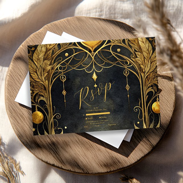 Black Gold Art Nouveau Wedding RSVP Card (Creator Uploaded)