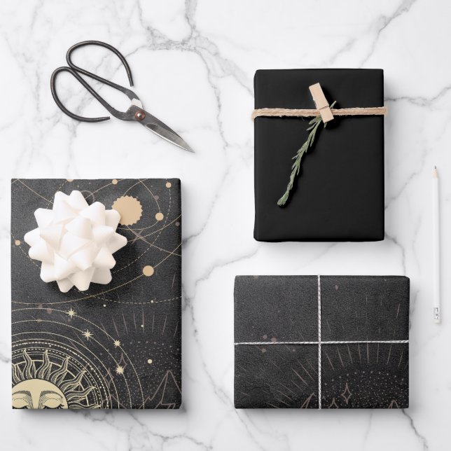 Black Gold Astrological Pattern Wrapping Paper Sheet (Front)