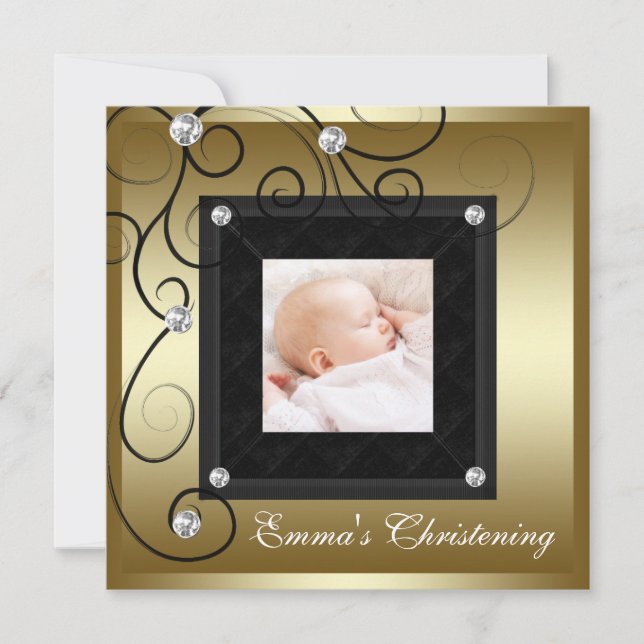 Black Gold Baby Boy Girl Photo Christening Invitation (Front)