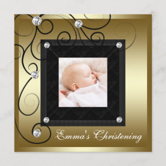 Black Gold Baby Boy Girl Photo Christening Invitation
