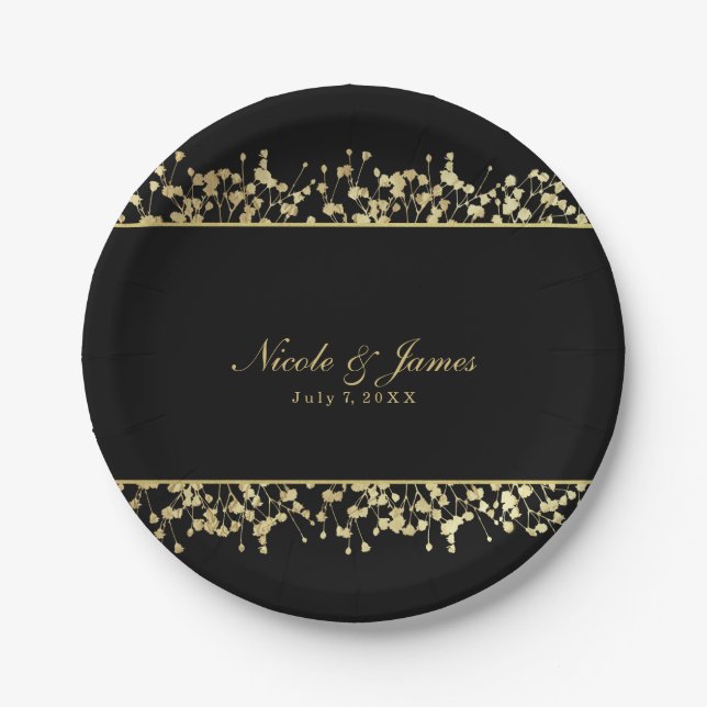 Black & Gold Babys Breath Floral Wedding Plates (Front)