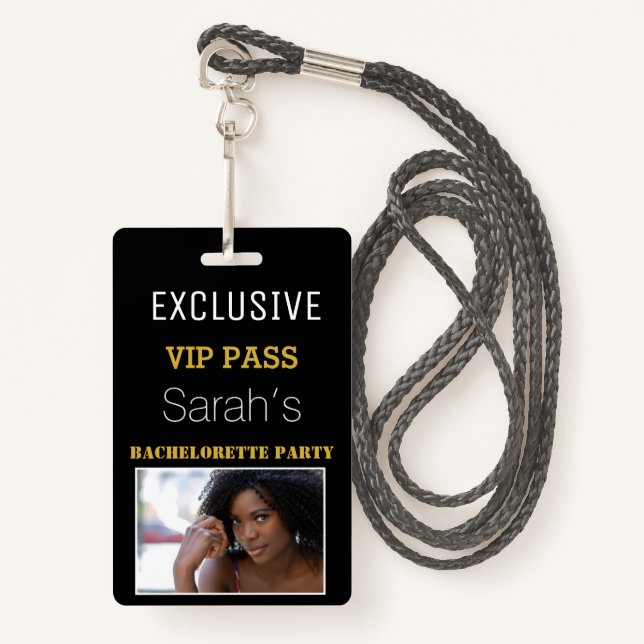 Black Gold Bachelorette Party Pass VIP Invites  ID Badge (Front with Lanyard)