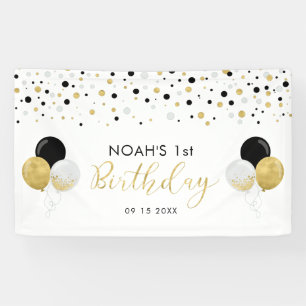 Black & Gold Balloon 1st Kids Birthday Banner