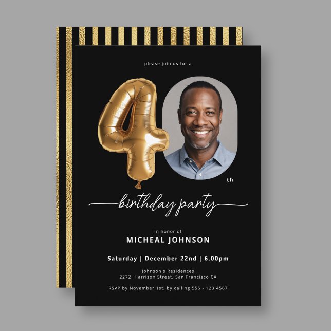Black Gold Balloon 40th Birthday Invitation (Black Gold Balloon 40th Birthday Invitation)