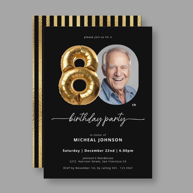Black Gold Balloon 80th Birthday Invitation (Black Gold Balloon 80th Birthday Invitation)