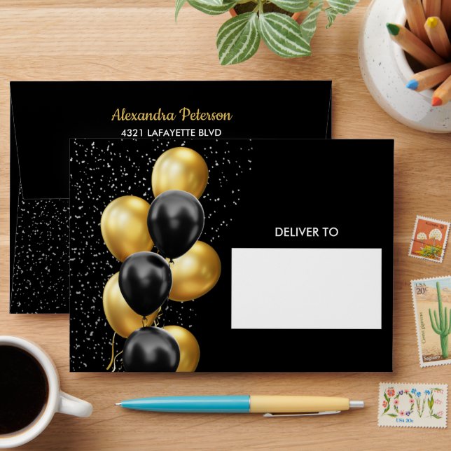 Black Gold Balloon Birthday Chic  Envelope (Desk)