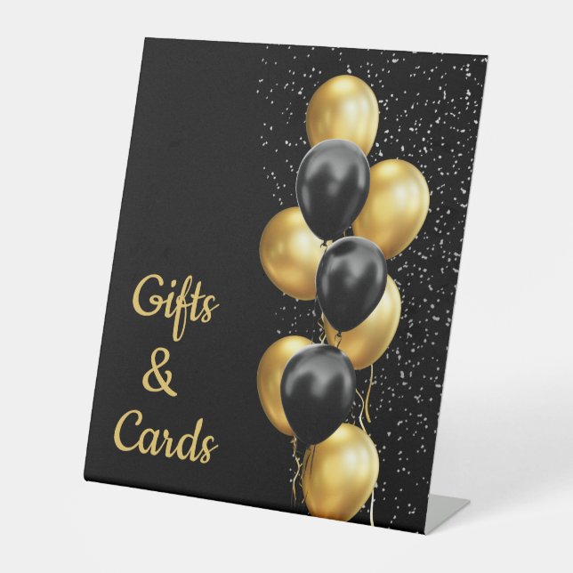 Black Gold Balloon Chic Birthday Gifts & Cards Pedestal Sign (Front)