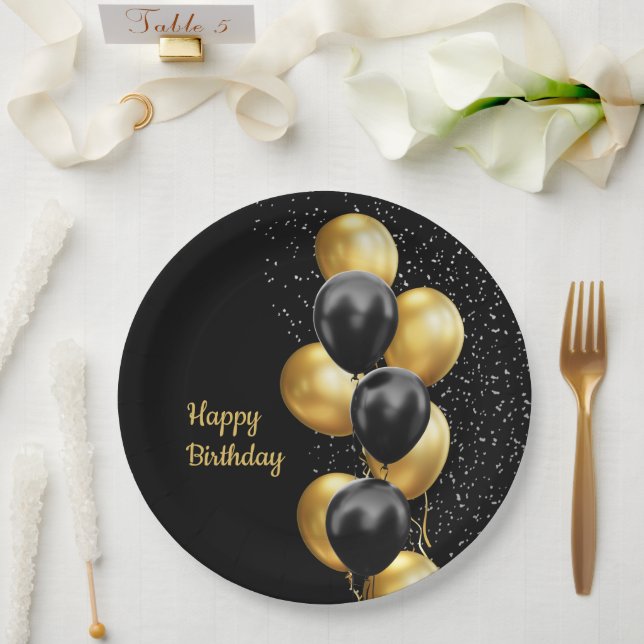 Black Gold Balloon Chic  Paper Plate (Wedding)