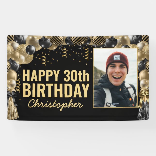 Black Gold Balloon Confetti Photo Happy Birthday Banner (Horizontal)