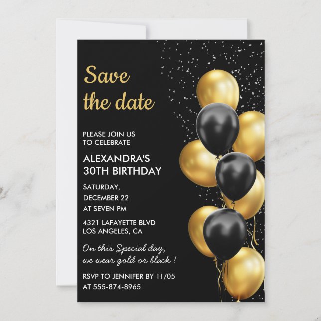Black Gold Balloon Elegant 30th Save the Date  Invitation (Front)