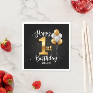 Black Gold Balloons 1st Birthday Paper Napkin