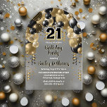 Black Gold Balloons 21st Birthday Party Acrylic Invitations<br><div class="desc">Celebrate in style with this vibrant and eye-catching 21st birthday party invitation, featuring a stunning cascading balloon arch design in shades of black and gold, and accented with white. The bold '21' at the centre adds a playful yet chic touch, perfectly setting the tone for a memorable celebration. The design...</div>