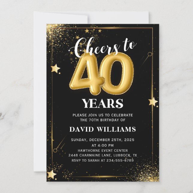 Black Gold Balloons 40th Birthday Party Invitation (Front)