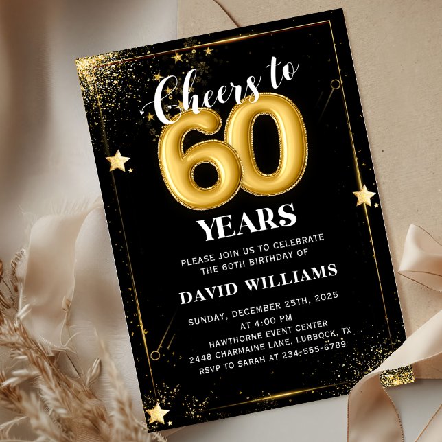 Black Gold Balloons 60th Birthday Party Invitation (Creator Uploaded)