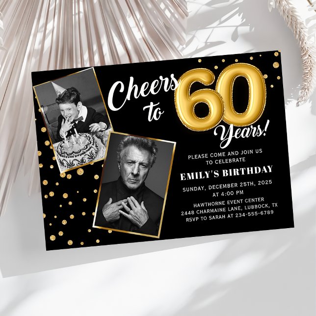 Black Gold Balloons 60th Birthday Photo Invitation (Creator Uploaded)