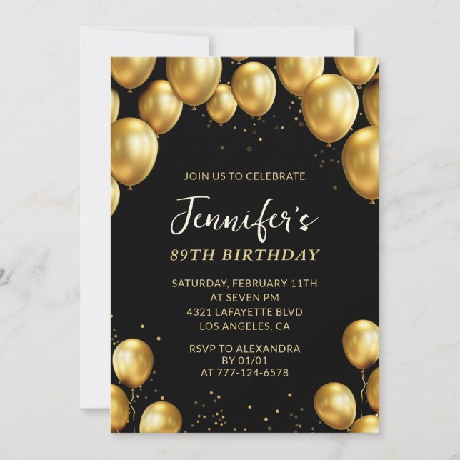 Black Gold Balloons 89th birthday  Invitation (Front)