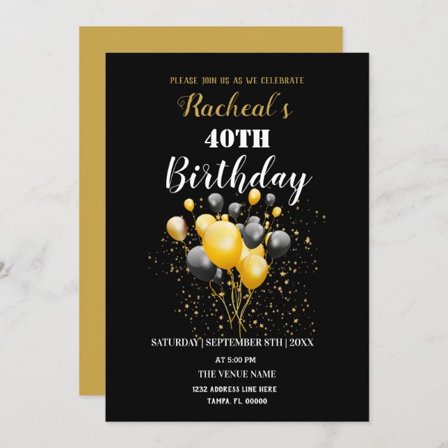 Black & Gold Balloons | Birthday Invitation (Front/Back)