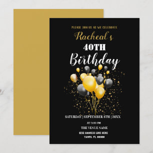 Black & Gold Balloons   Birthday Invitation