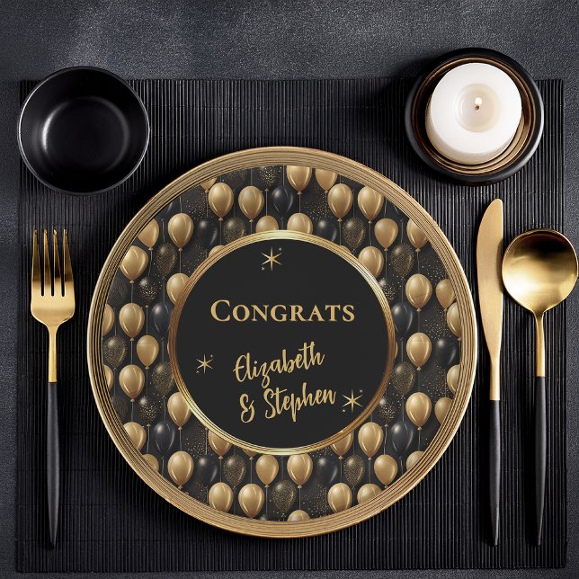 Black | Gold Balloons Congratulations Names Paper Plate (Elegant Black and Gold Faux Glitter Balloons Pattern A023 "Congrats" [Name(s)] Paper Plates)