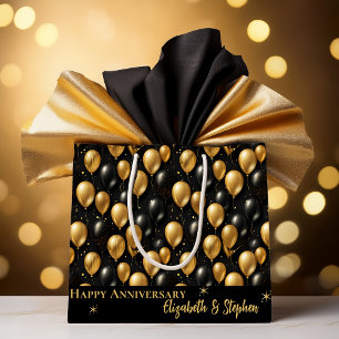 Black   Gold Balloons Happy Anniversary  Large Gift Bag