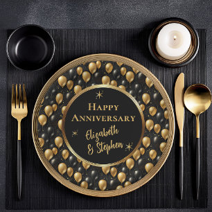 Black   Gold Balloons Happy Anniversary  Paper Plate