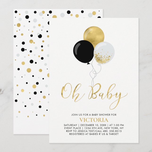 Black & Gold Balloons | Oh Baby Boy Baby Shower Invitation (Front/Back)