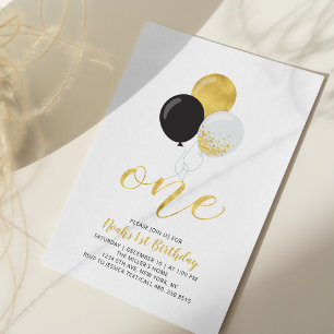 Black & Gold Balloons One 1st Boy Birthday Party Invitation