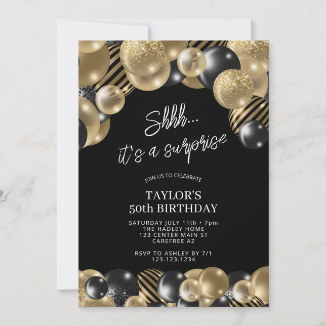 Black Gold Balloons Surprise 50th Birthday Invitation (Front)