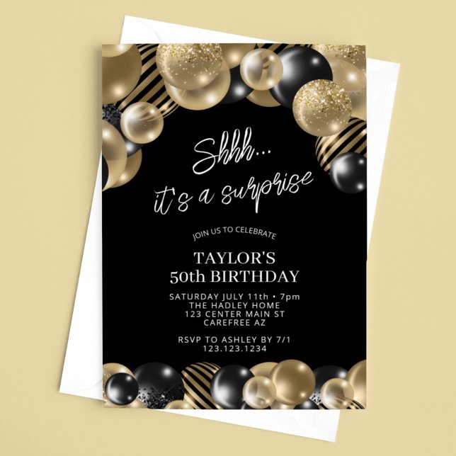 Black Gold Balloons Surprise 50th Birthday Invitation (Creator Uploaded)
