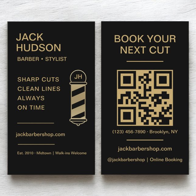 Black Gold Barbershop Barber Haircut QR Code Business Card (Creator Uploaded)