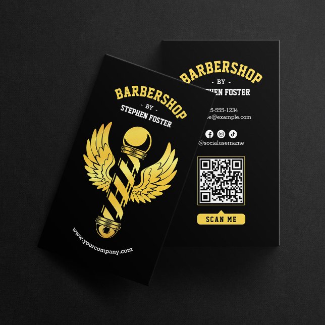 Black Gold Barbershop Barber Pole Barber shop Business Card (Creator Uploaded)