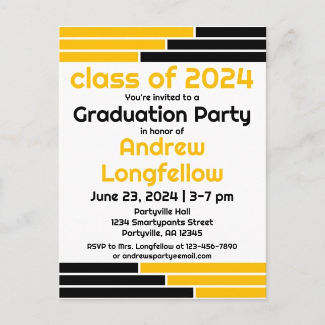 Black & Gold Bars Graduation Party Invitation Postcard (Front)