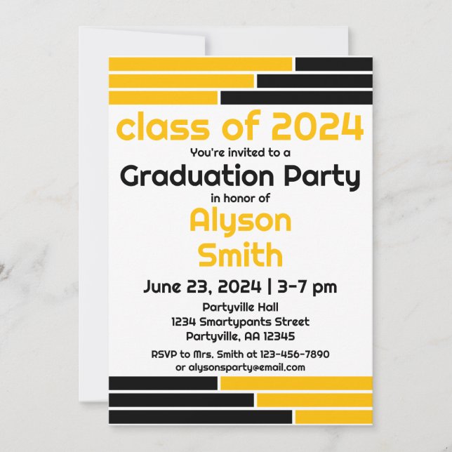 Black & Gold Bars One Photo Grad Party Invitation (Front)