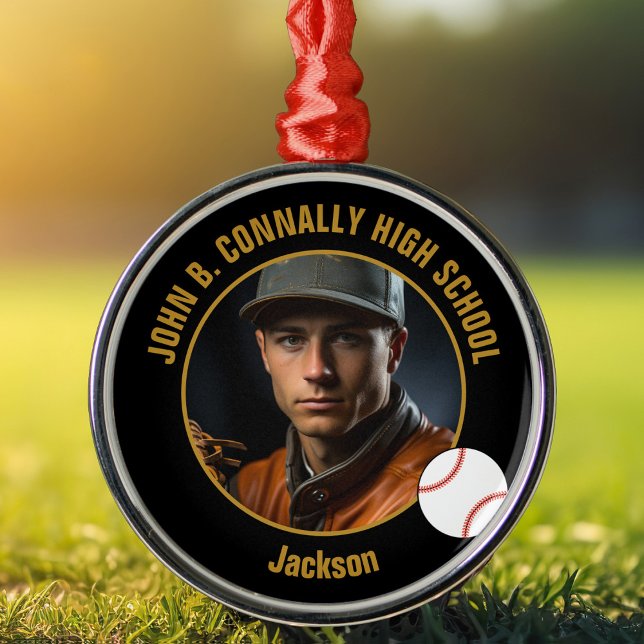 Black Gold Baseball Player Photo Christmas Metal Tree Decoration (Creator Uploaded)