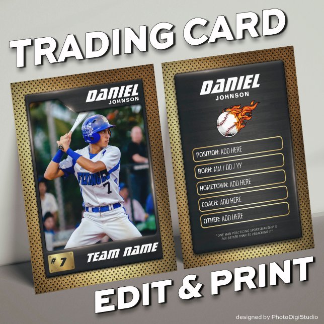 Black Gold Baseball Trading Card, Baseball Player  Calling Card (Gold Baseball Trading Card, Custom Trading Card for Baseball Player and Teams)