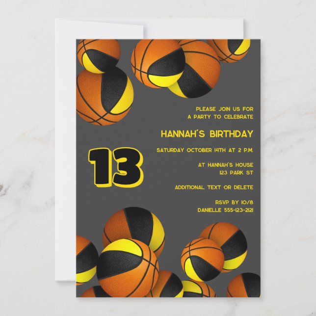 black gold basketballs kids sports birthday invitation (Front)