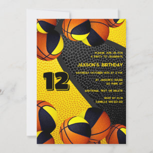 black gold basketballs kids sports birthday invitation