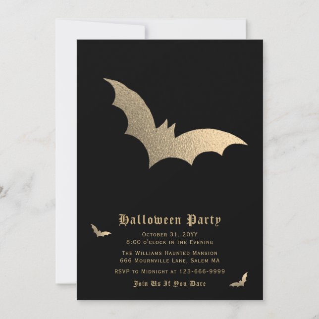 Black Gold Bat Halloween Party Invitation (Front)