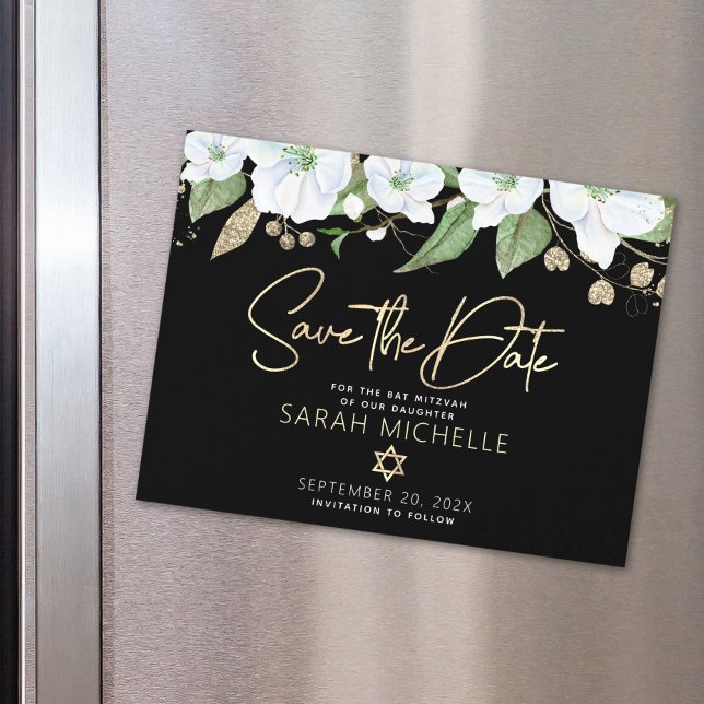 Black Gold Bat Mitzvah Script Floral Save the Date Magnetic Invitation (Creator Uploaded)