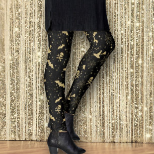 Black Gold Bat Witch Hats Skulls Glitter Halloween Leggings