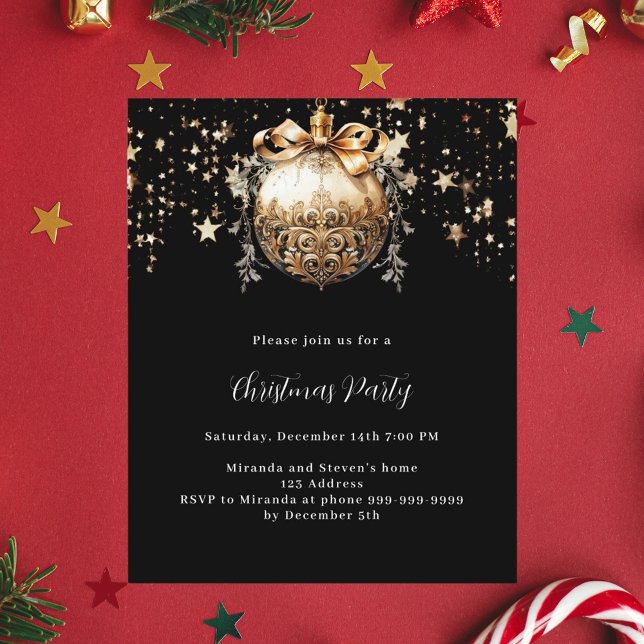 Black gold bauble stars Christmas Party invitation (Creator Uploaded)