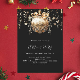 Black gold bauble vintage stars Christmas Party Invitation