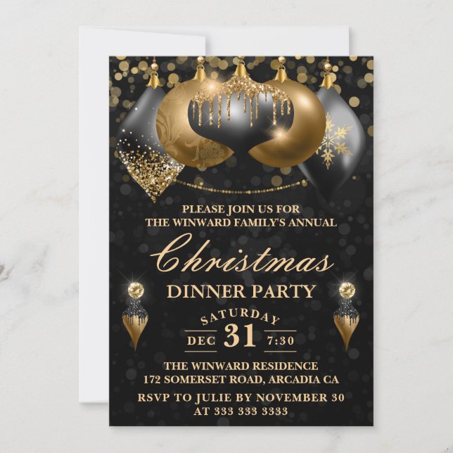 Black & Gold Baubles Christmas Dinner Party Invitation (Front)