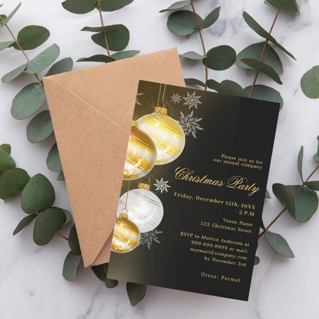 Black gold baubles company Christmas Party Invitation (Creator Uploaded)