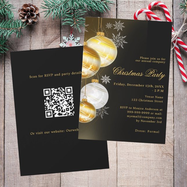 Black gold baubles company QR code Christmas Party Invitation (Creator Uploaded)