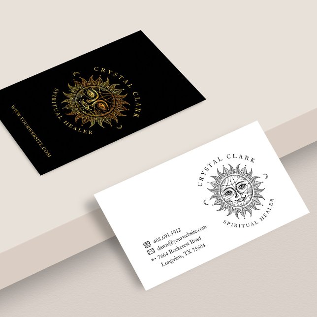 Black & Gold Beautiful Celestial Sun Face Star Business Card (Creator Uploaded)