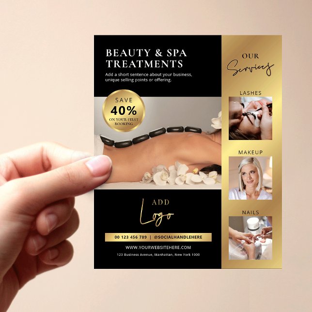 Black & Gold Beauty Salon Spa Logo Marketing Flyer (Professional business marketing flyer in black and gold with photo collage and special discount)