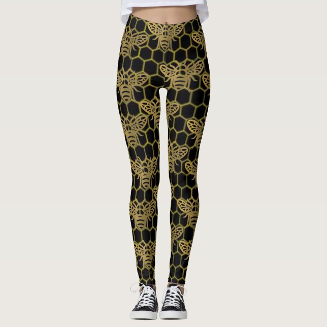 Black Gold Bee CBDOilPrincess  Leggings (Front)