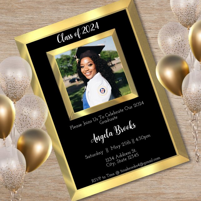 Black & Gold Beveled Photo Graduation Party Invitation (Black & Gold Beveled Photo Graduation Party Invitation)