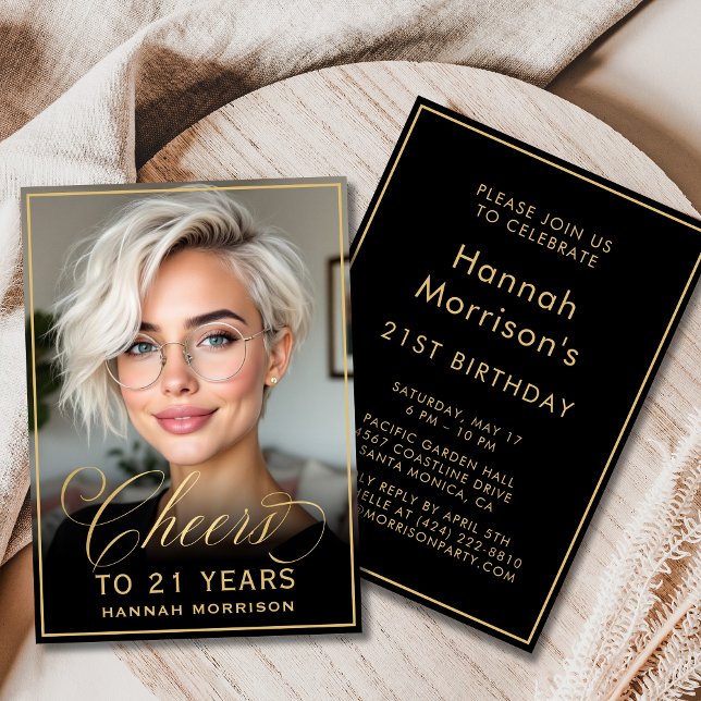 Black & Gold Birthday Cheers to 21 Years Photo Invitation (Creator Uploaded)